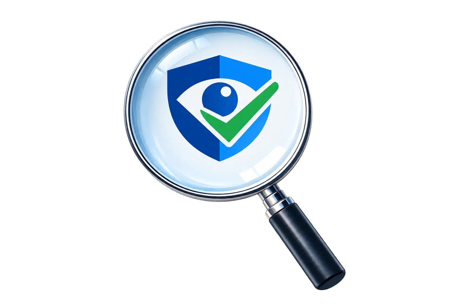 Magnifying glass revealing the TruVisor shield, eye and green tick